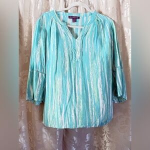 Gloria Vanderbilt Teal and White Striped Blouse size M /D052